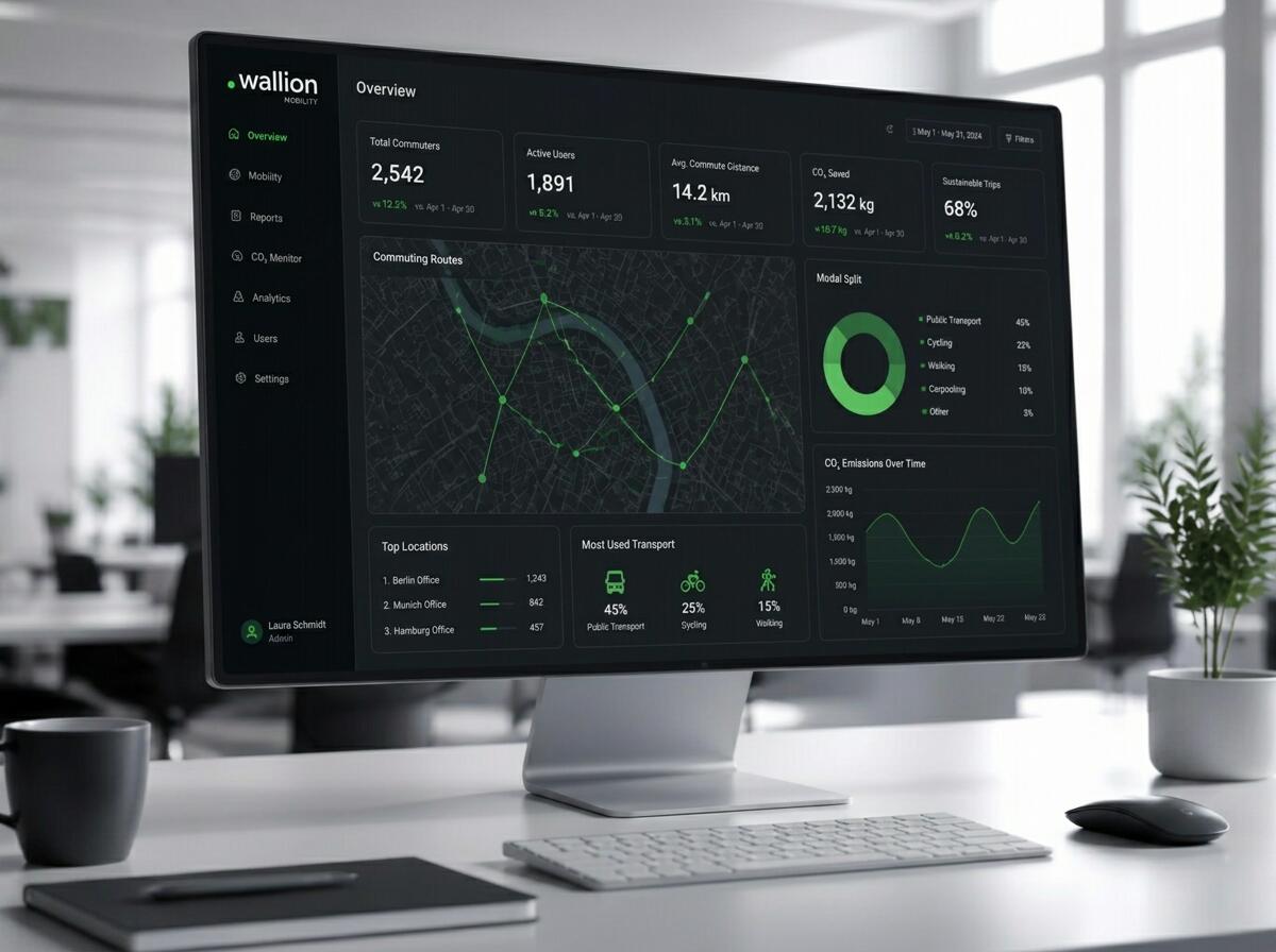 Panel de analítica de movilidad corporativa mostrando KPIs, mapa de rutas y emisiones de CO₂